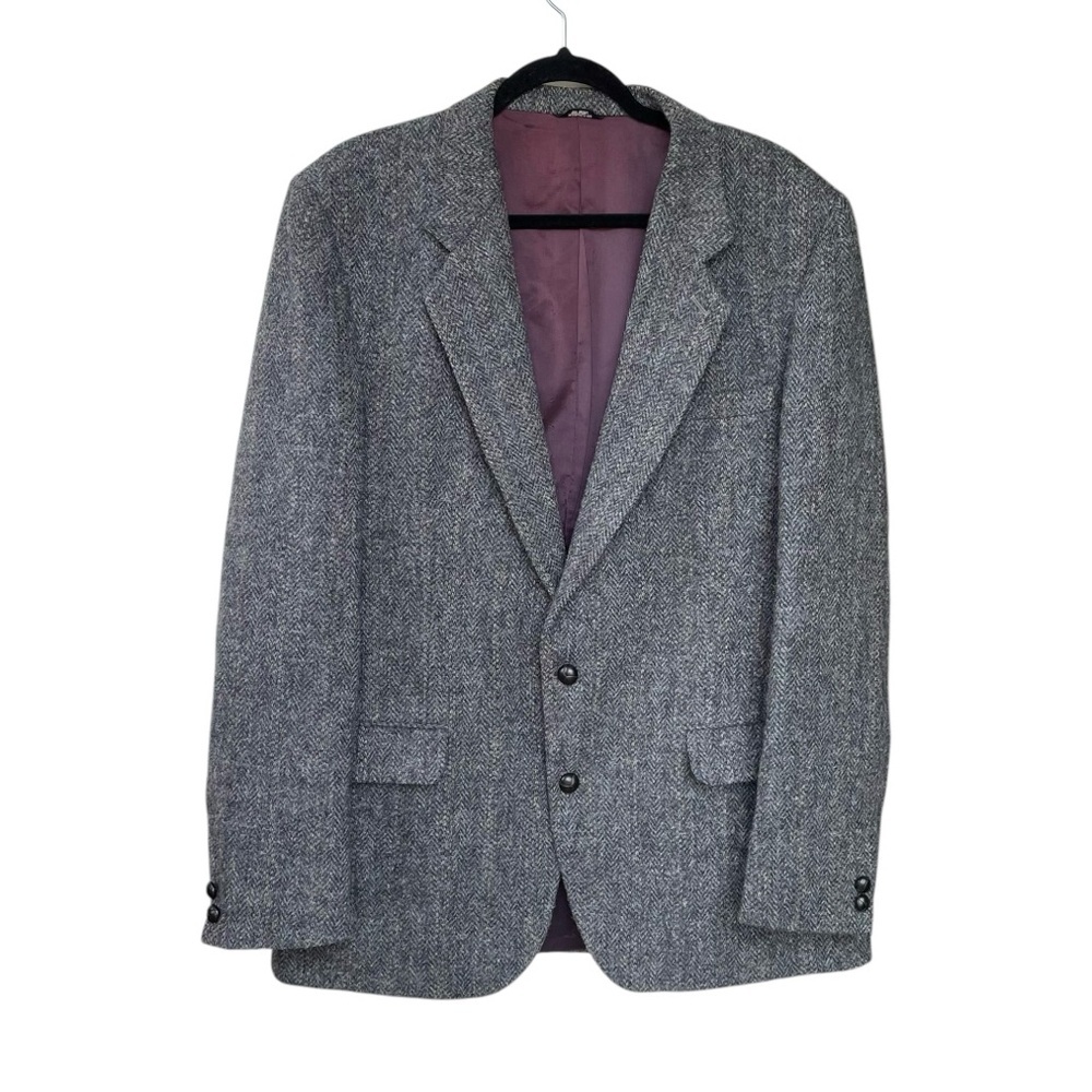 HARRIS TWEED Vintage Hand Woven Wool Sports Coat Jacket Blazer Blue Gray 44